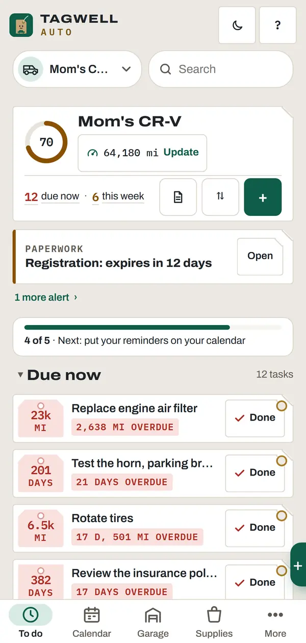 The To do list in Tagwell Auto: a health score, the odometer and what's due now